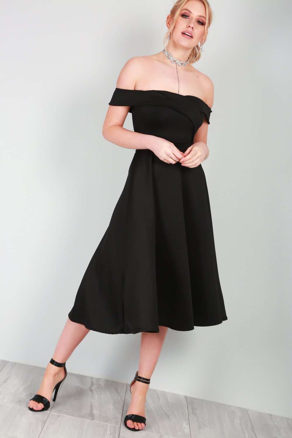 Ellie Off Shoulder Midi Swing Dress - bejealous-com