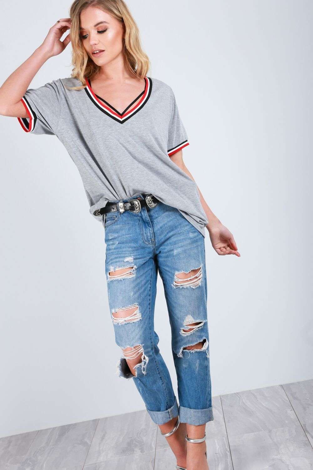 Elsie Oversized Vneck Striped Basic Tshirt - bejealous-com