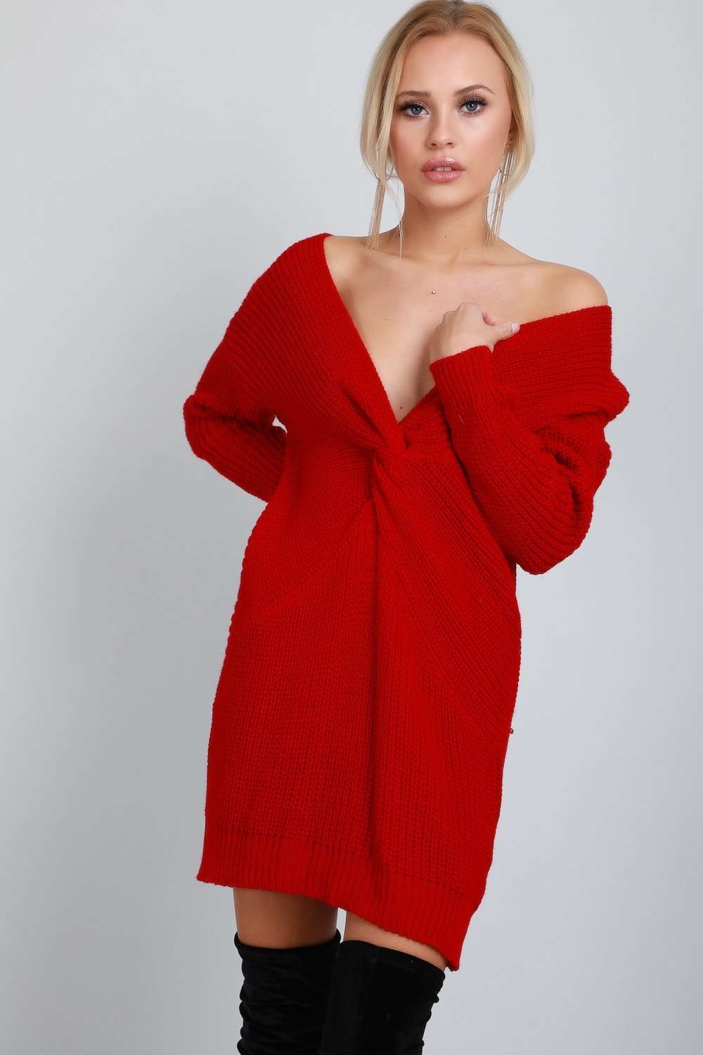 Elyssa Twist Front Oversized Knitted Jumper Dress - bejealous-com