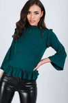 Emerald Funnel Neck Cropped Sleeve Frilly Top - bejealous-com