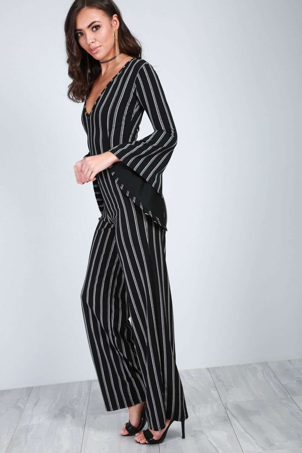 Emillie Frill Sleeve Pinstripe Jumpsuit - bejealous-com
