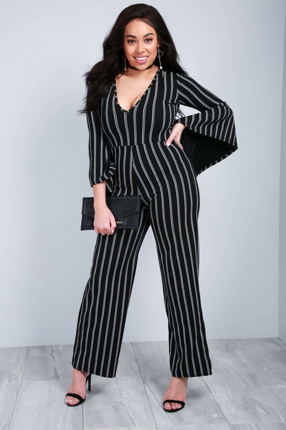 Emillie Frill Sleeve Pinstripe Jumpsuit - bejealous-com