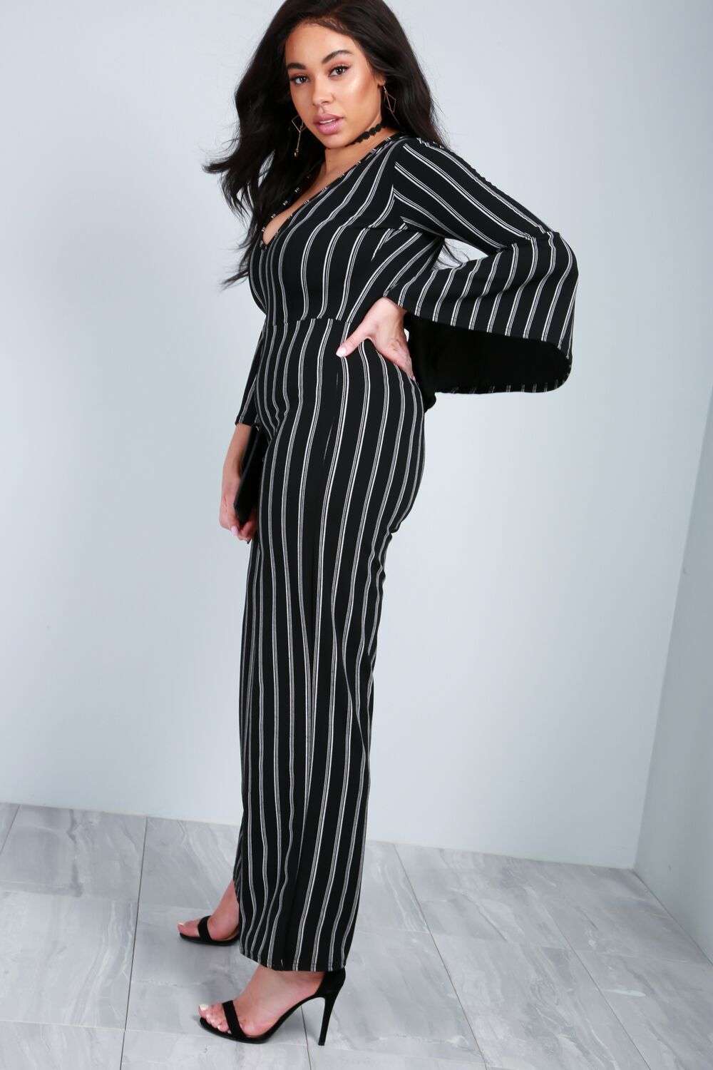 Emillie Frill Sleeve Pinstripe Jumpsuit - bejealous-com