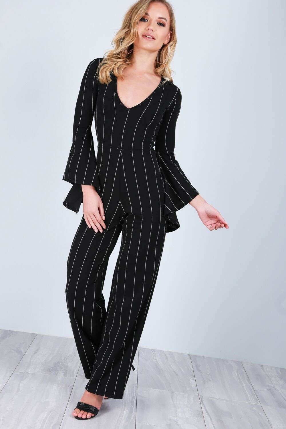 Emillie Frill Sleeve Monochrome Pinstripe Jumpsuit - bejealous-com