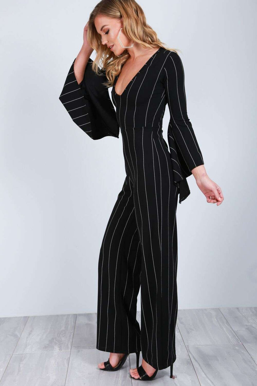 Emillie Frill Sleeve Monochrome Pinstripe Jumpsuit - bejealous-com