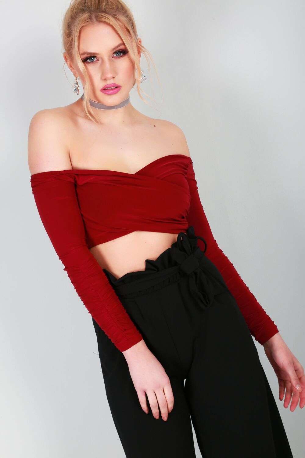 Eva Long Sleeve Ruched Wrap Crop Top - bejealous-com