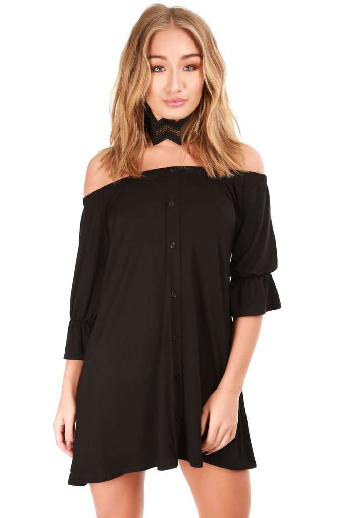 Farah Bardot Button Through Mini Dress - bejealous-com