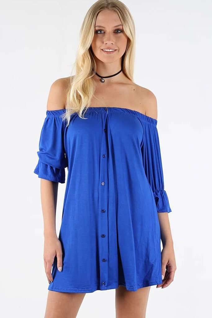 Farah Bardot Button Through Mini Dress - bejealous-com