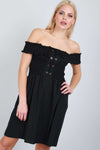 Felicity Black Lace Up Bardot Swing Dress - bejealous-com