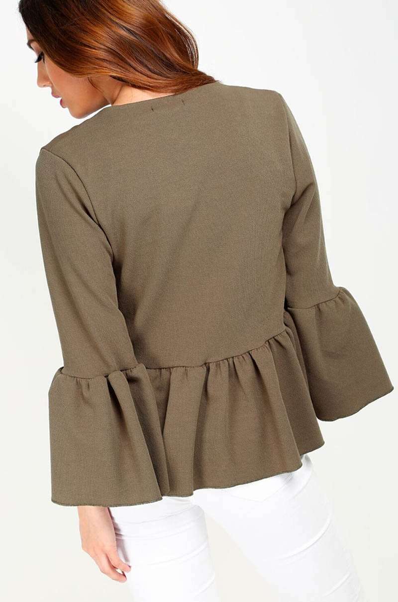 Flare Sleeve Open Front Peplum Frill Crepe Blazer - bejealous-com