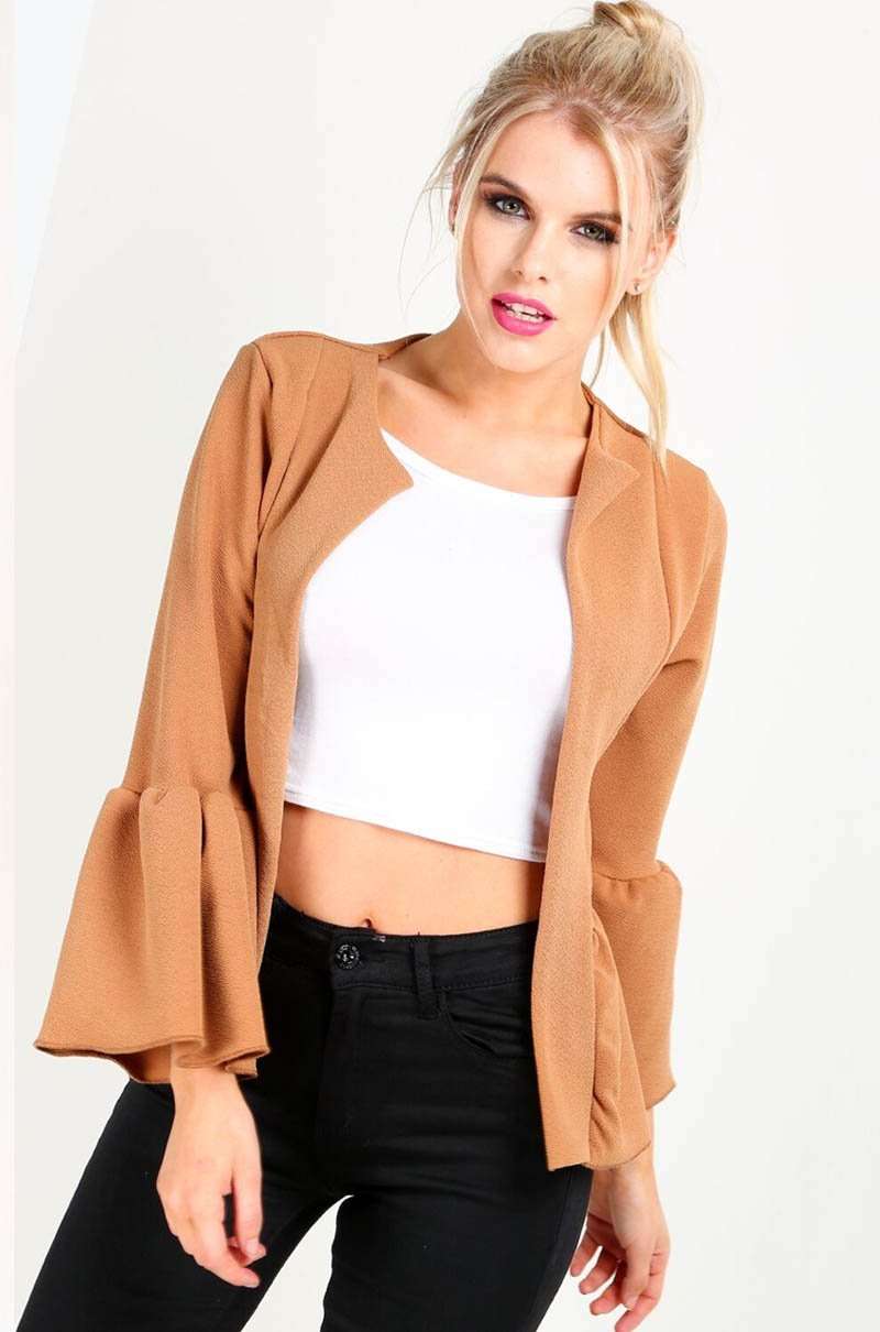 Flare Sleeve Open Front Peplum Frill Crepe Blazer - bejealous-com