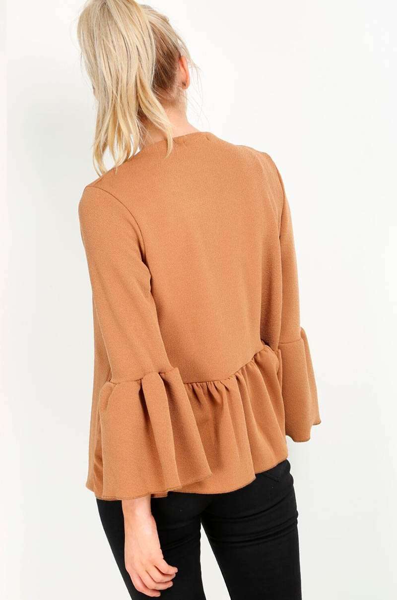 Flare Sleeve Open Front Peplum Frill Crepe Blazer - bejealous-com