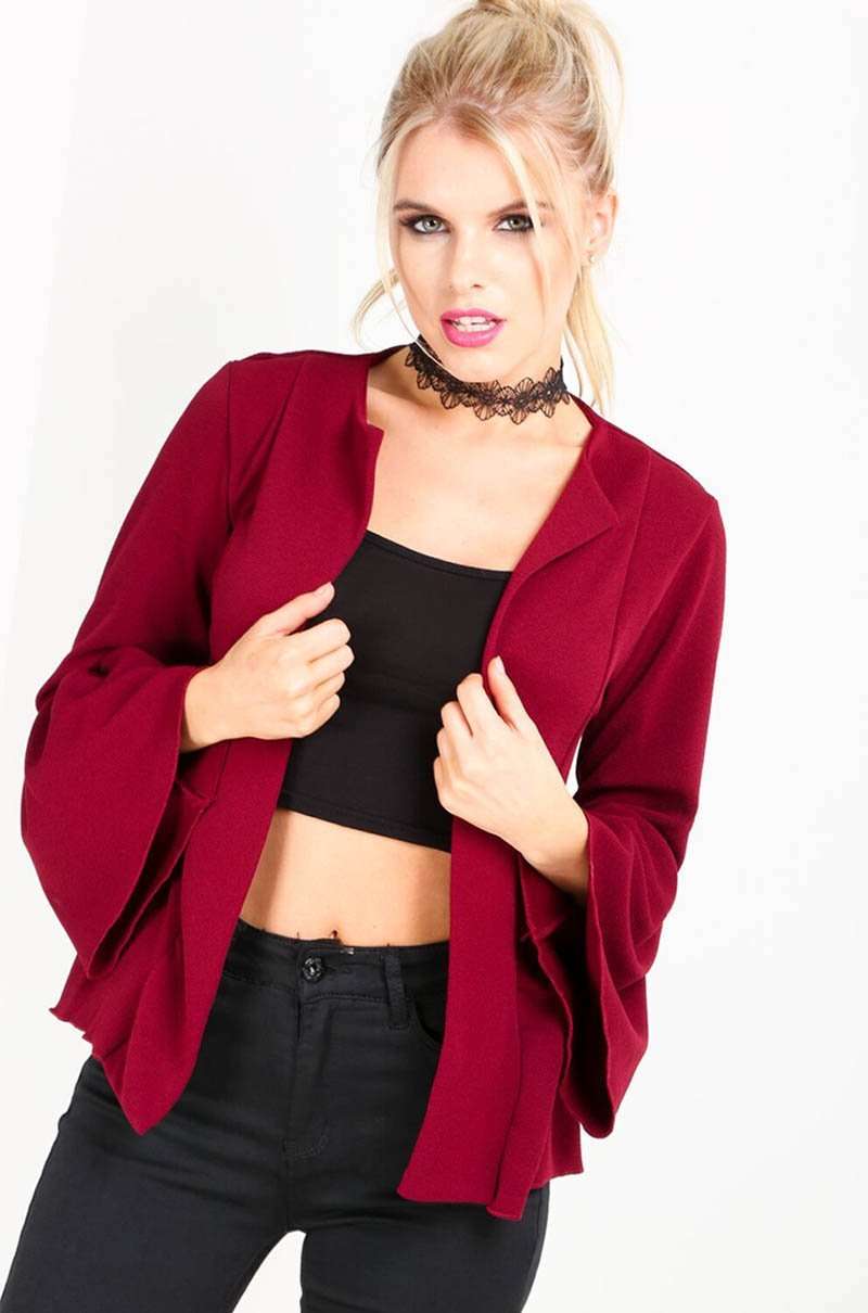 Flare Sleeve Open Front Peplum Frill Crepe Blazer - bejealous-com