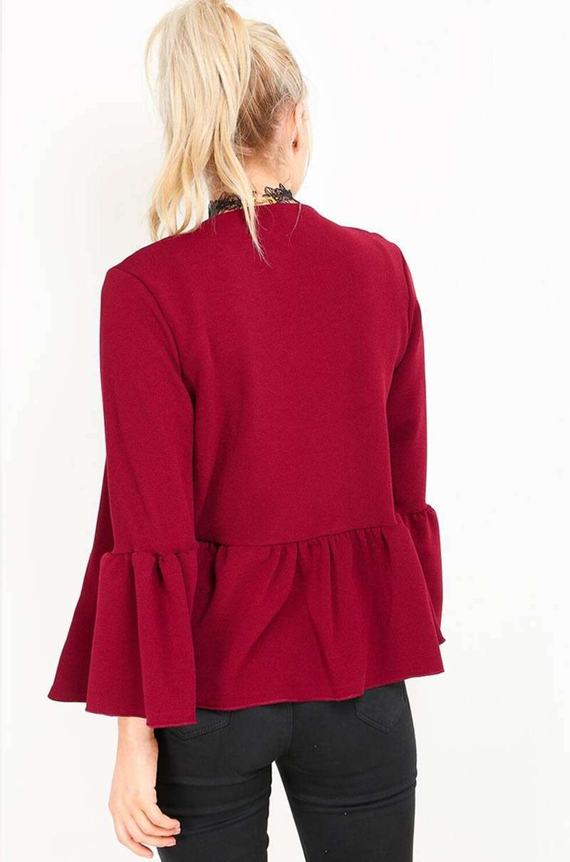 Flare Sleeve Open Front Peplum Frill Crepe Blazer - bejealous-com