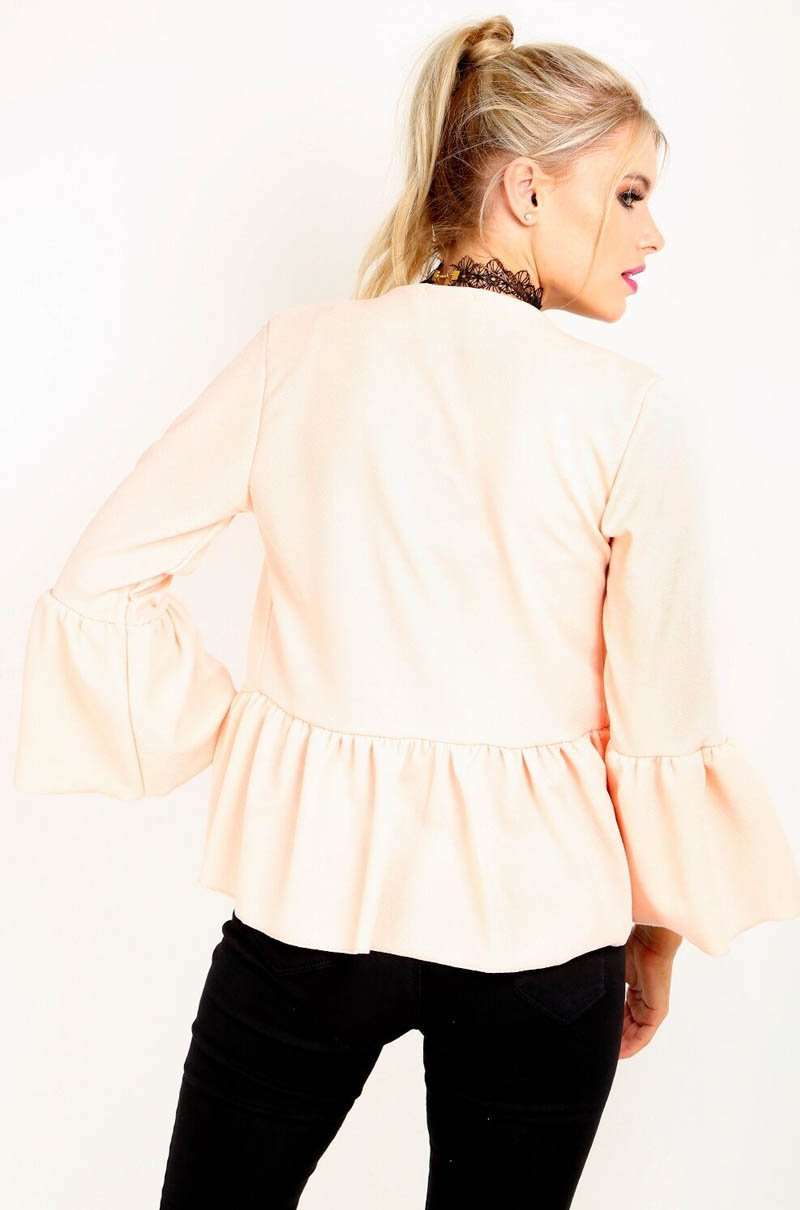 Flare Sleeve Open Front Peplum Frill Crepe Blazer - bejealous-com