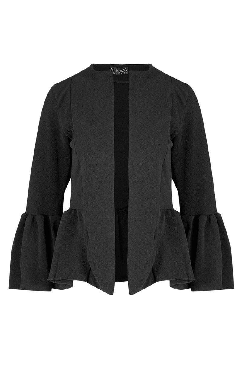 Flare Sleeve Open Front Peplum Frill Crepe Blazer - bejealous-com