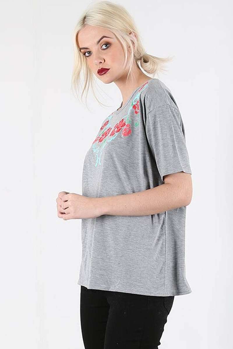 Floral Print Oversized Grey Basic Tshirt - bejealous-com