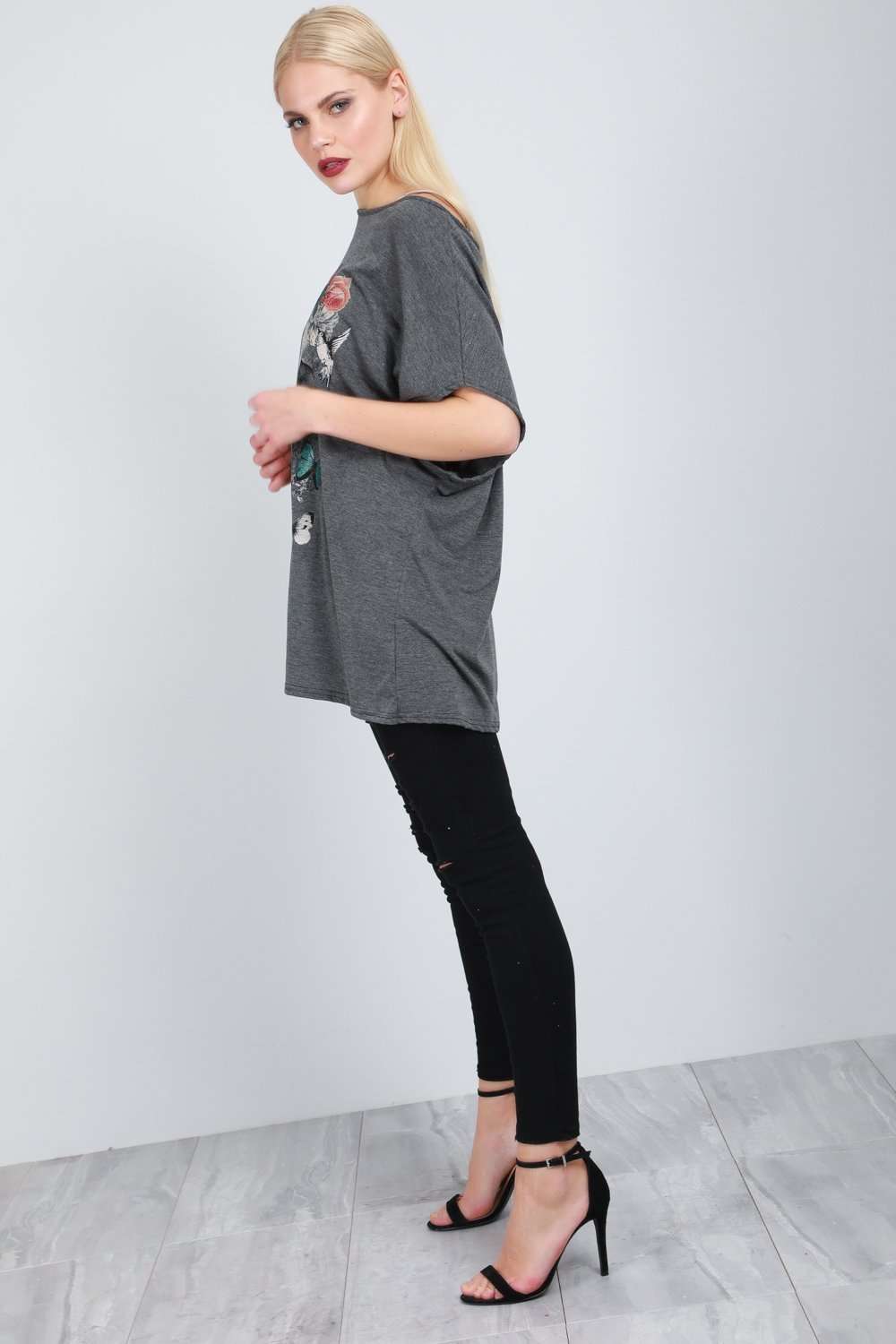 Floral Skull Oversized Bat Wing Tshirt - bejealous-com