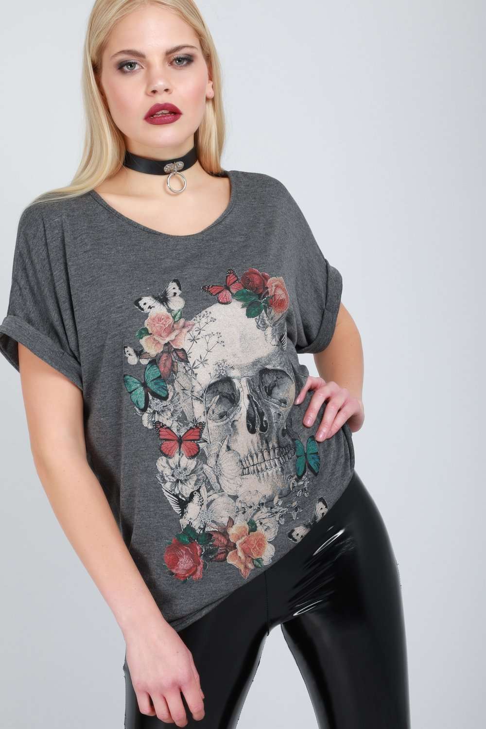 Floral Skull Print Baggy T-shirt - bejealous-com