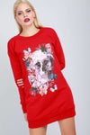 Long Sleeve Red Floral Skull Print Jumper Dress - bejealous-com