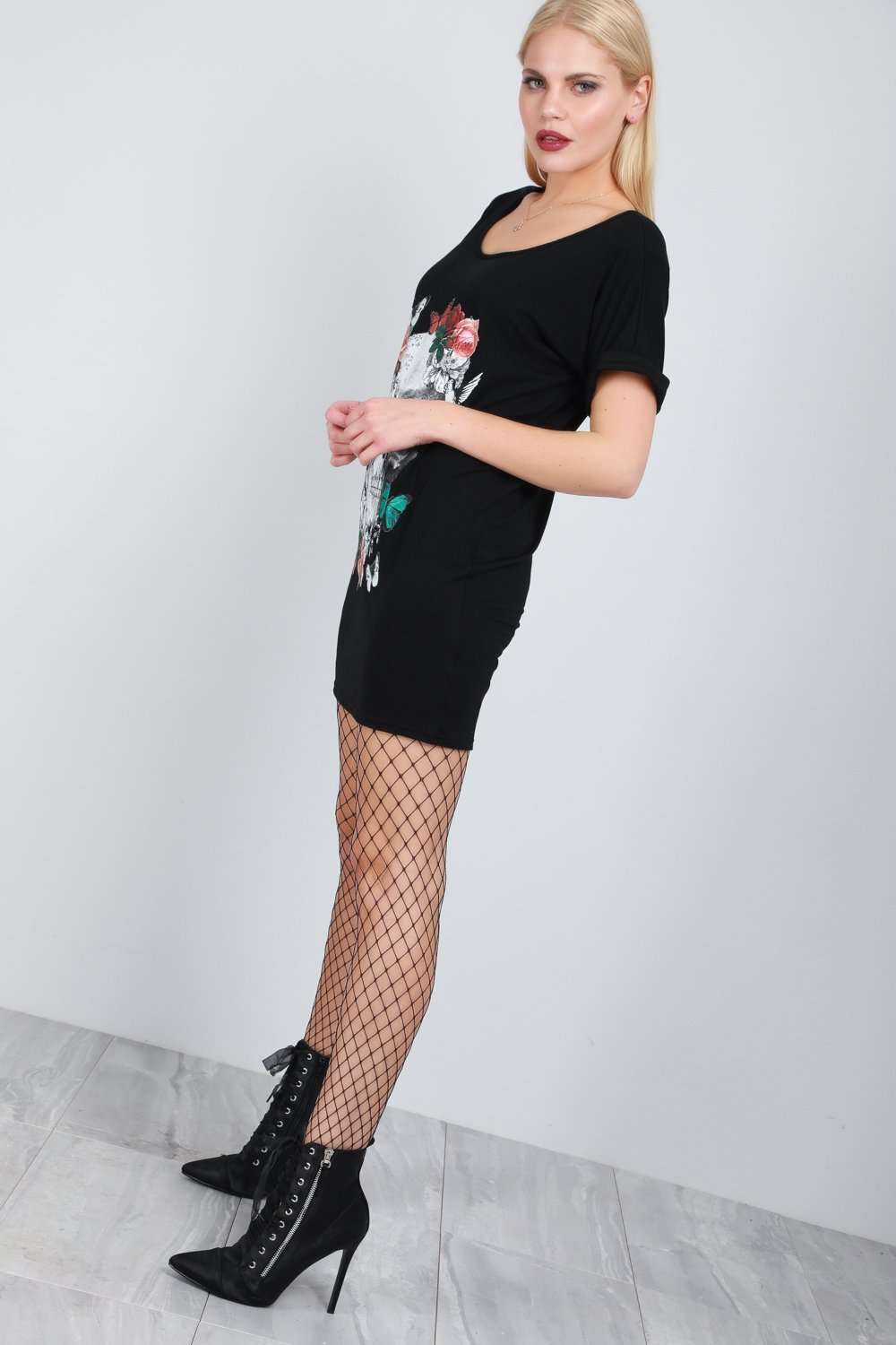 Floral Skull Print Oversized Tshirt Dress - bejealous-com