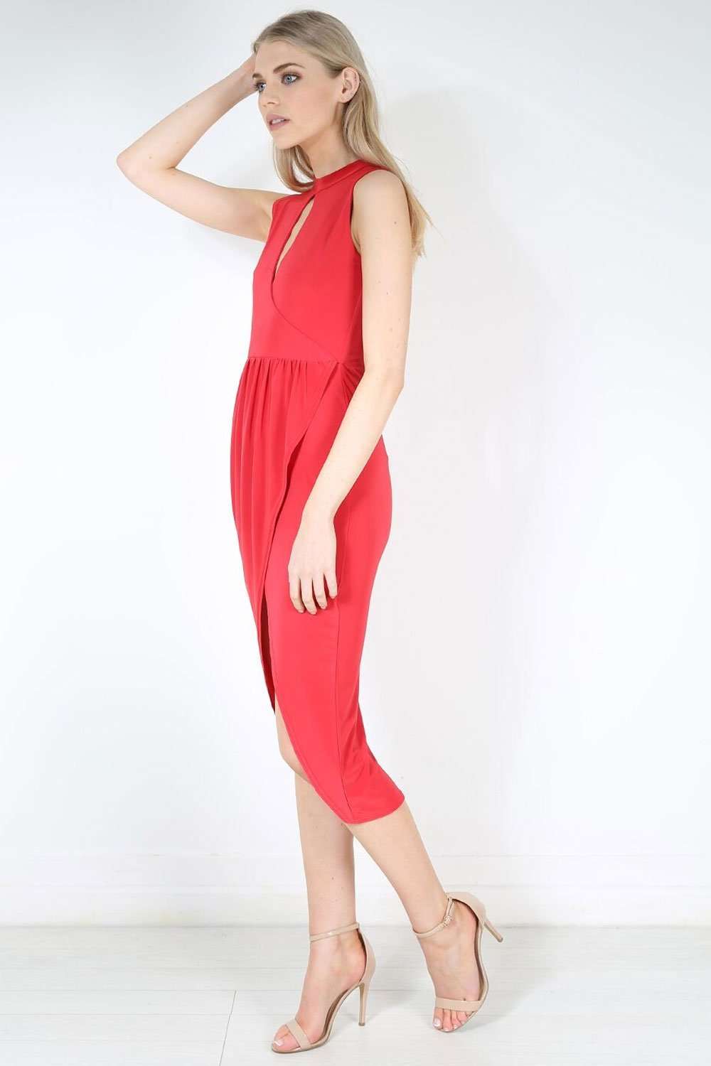 Choker Neck Red Midaxi Wrap Dress - bejealous-com