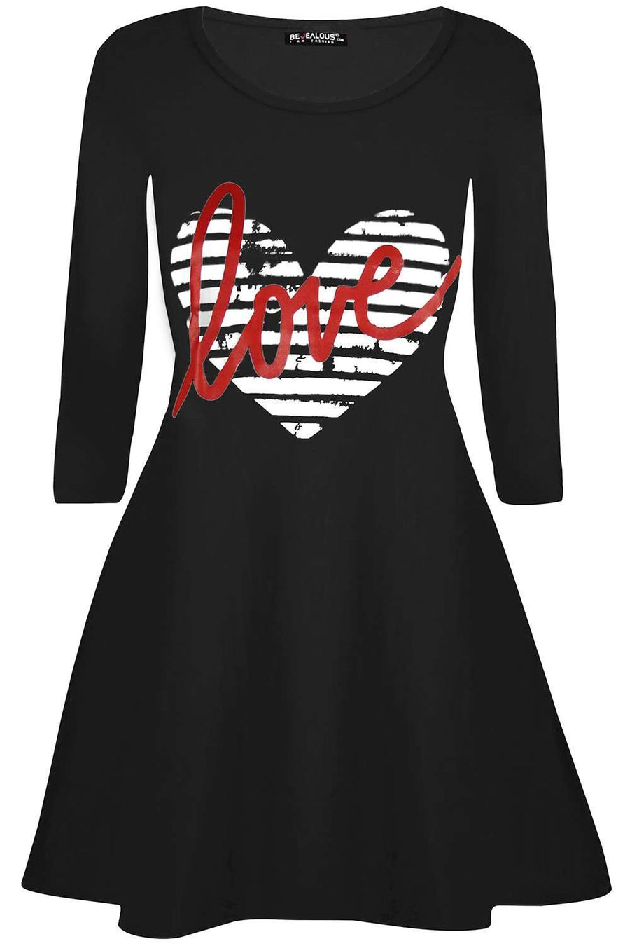 Fran Long Sleeve Heart Print Swing Dress - bejealous-com