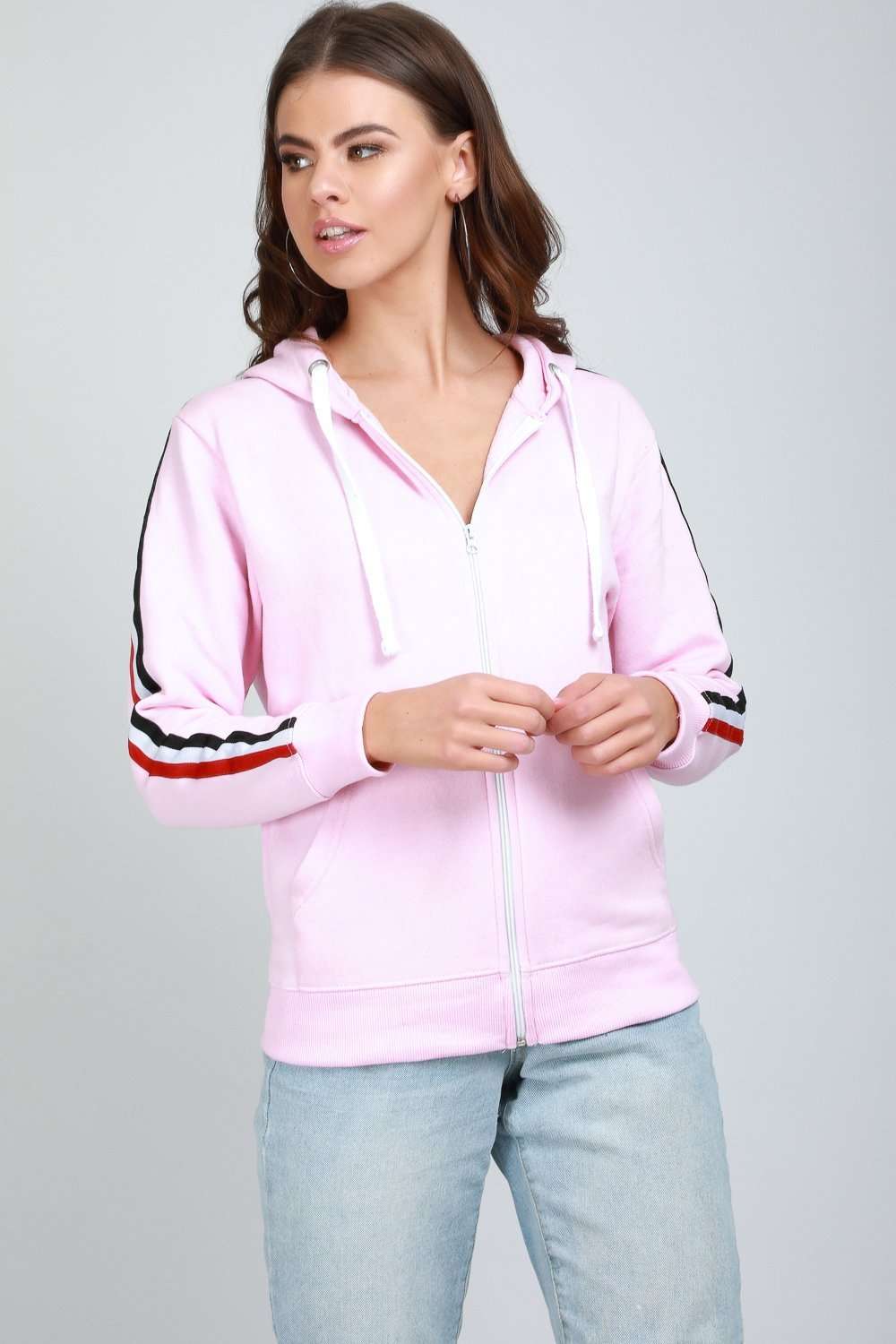 Fran Striped Sleeve Zip Front Hoodie - bejealous-com