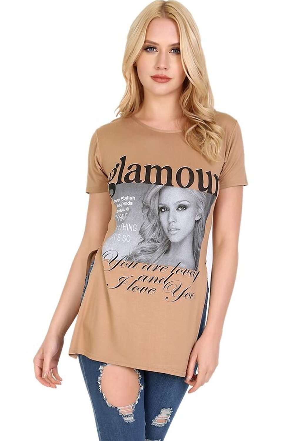 Francesca Side Split Glamour Print Baggy Tshirt - bejealous-com