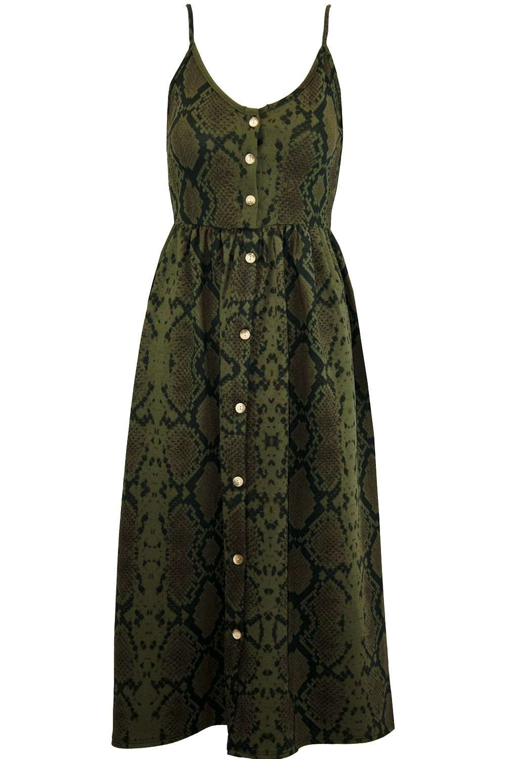 Strappy Button Embellished Snake Print Midi Dress - bejealous-com