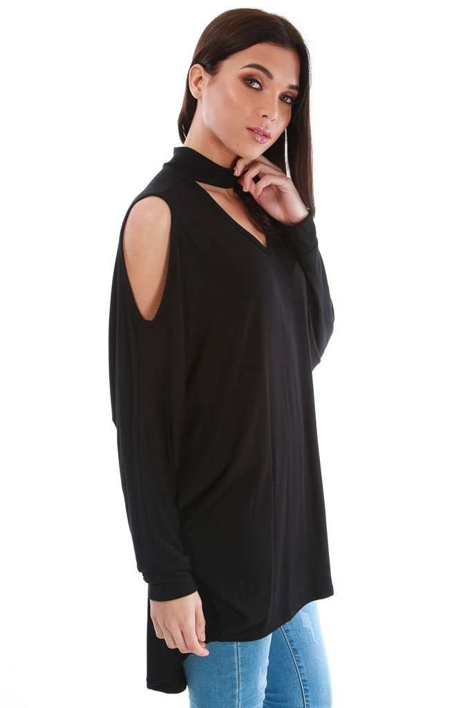 Fraya Cold Shoulder Choker Neck Baggy Top - bejealous-com