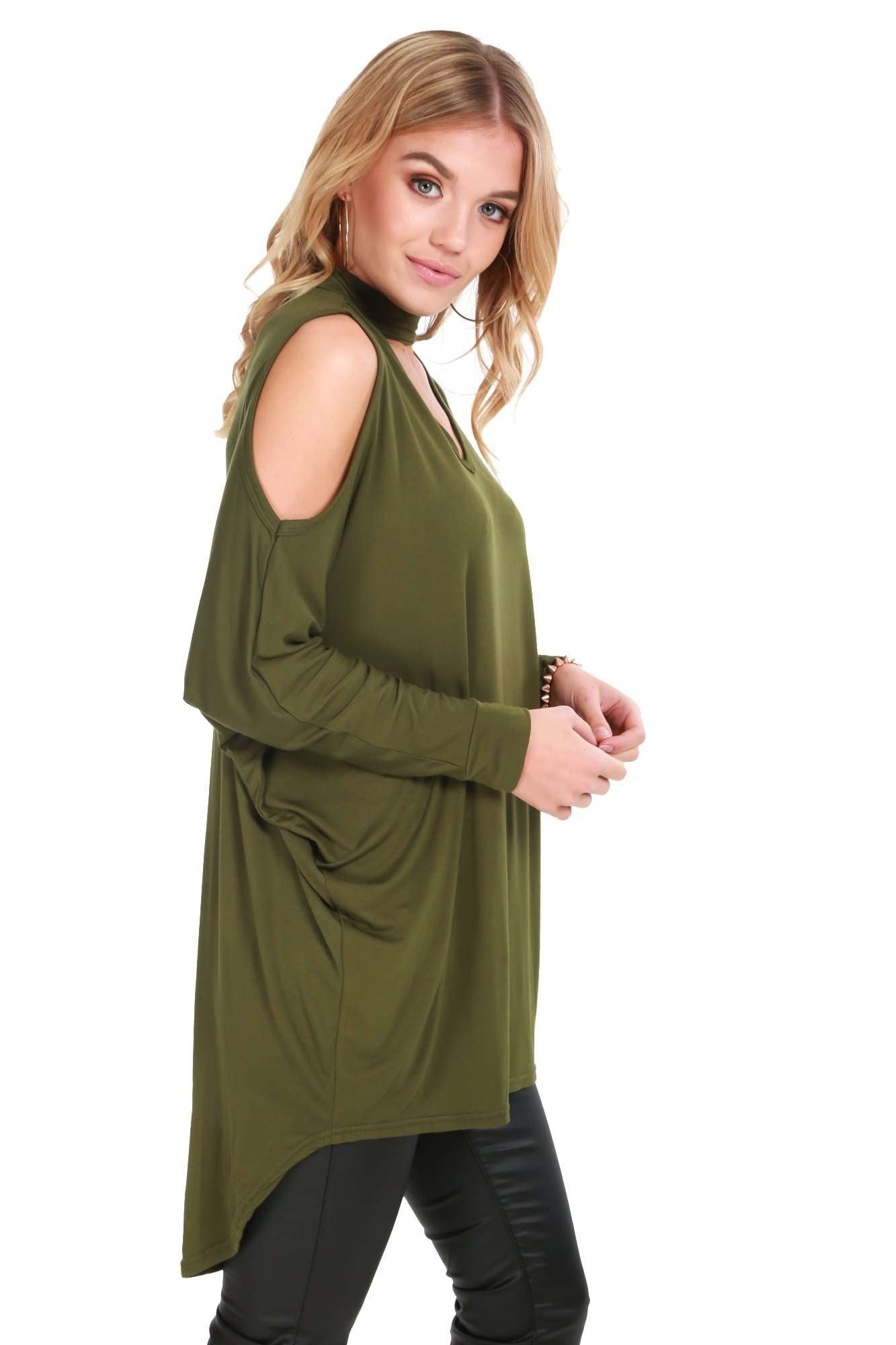 Fraya Cold Shoulder Choker Neck Baggy Top - bejealous-com