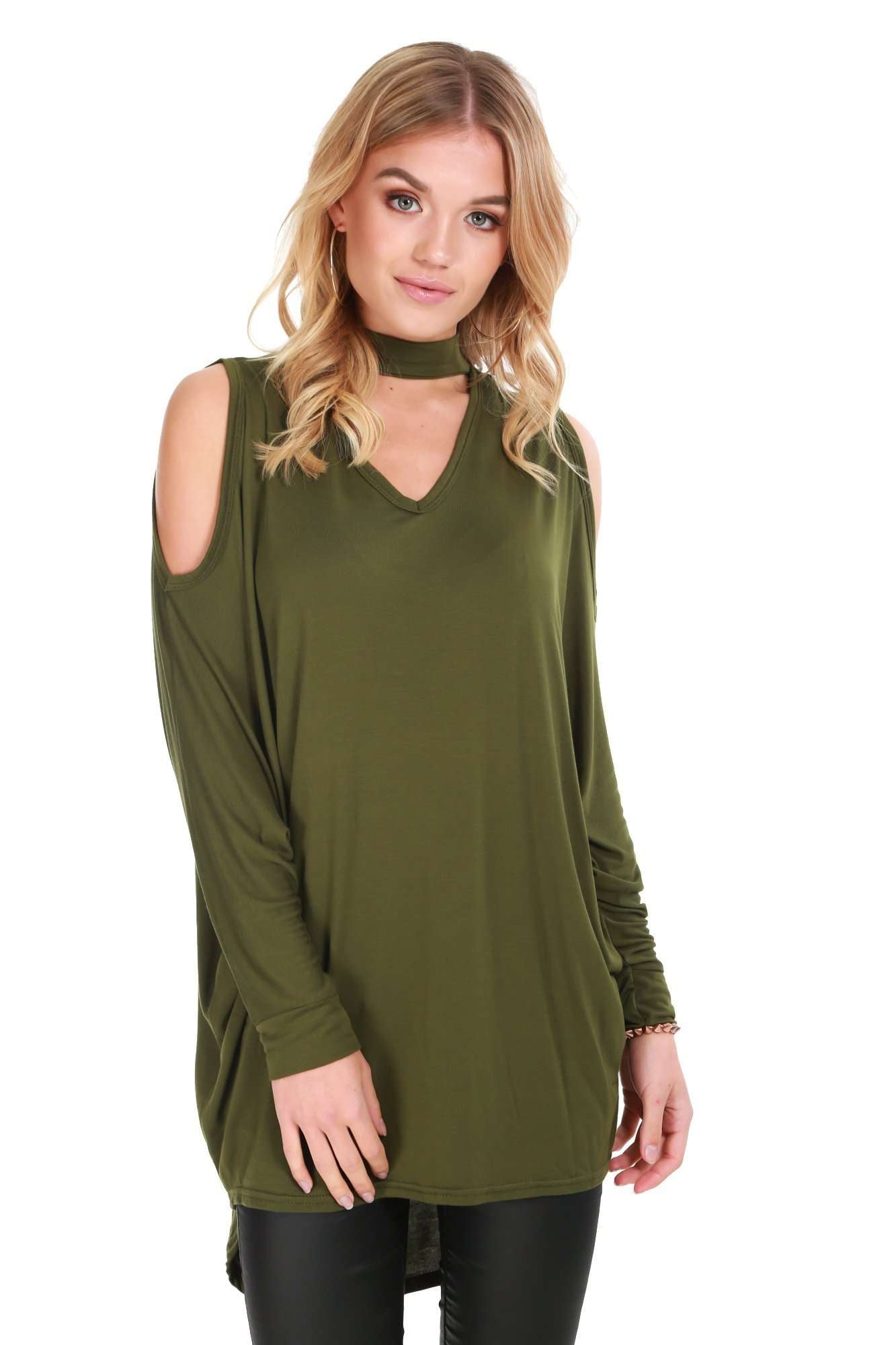 Fraya Cold Shoulder Choker Neck Baggy Top - bejealous-com