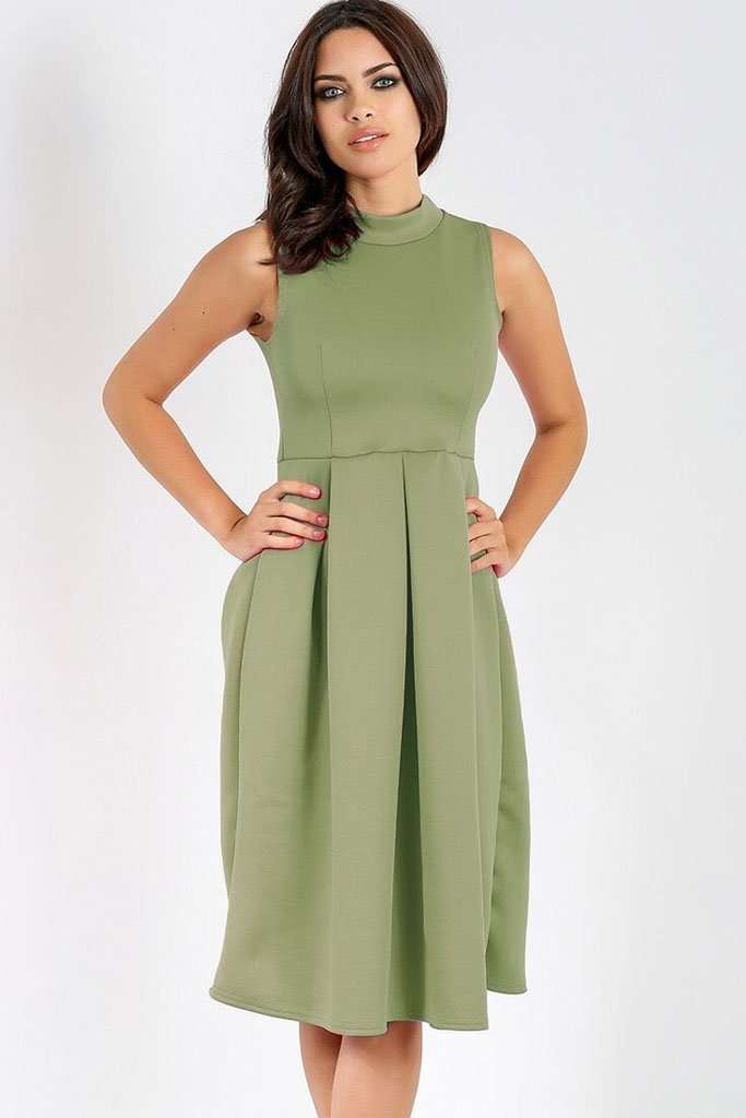 Fraya High Neck Flared Midi Skater Dress - bejealous-com
