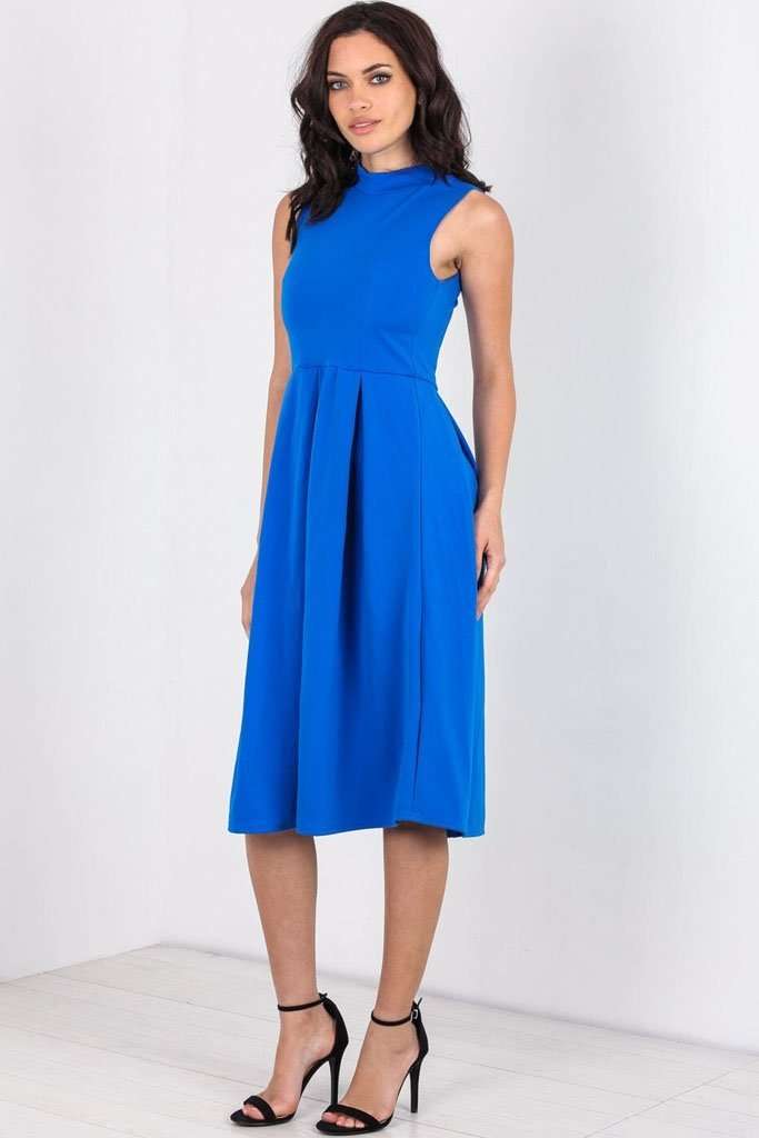 Fraya High Neck Flared Midi Skater Dress - bejealous-com
