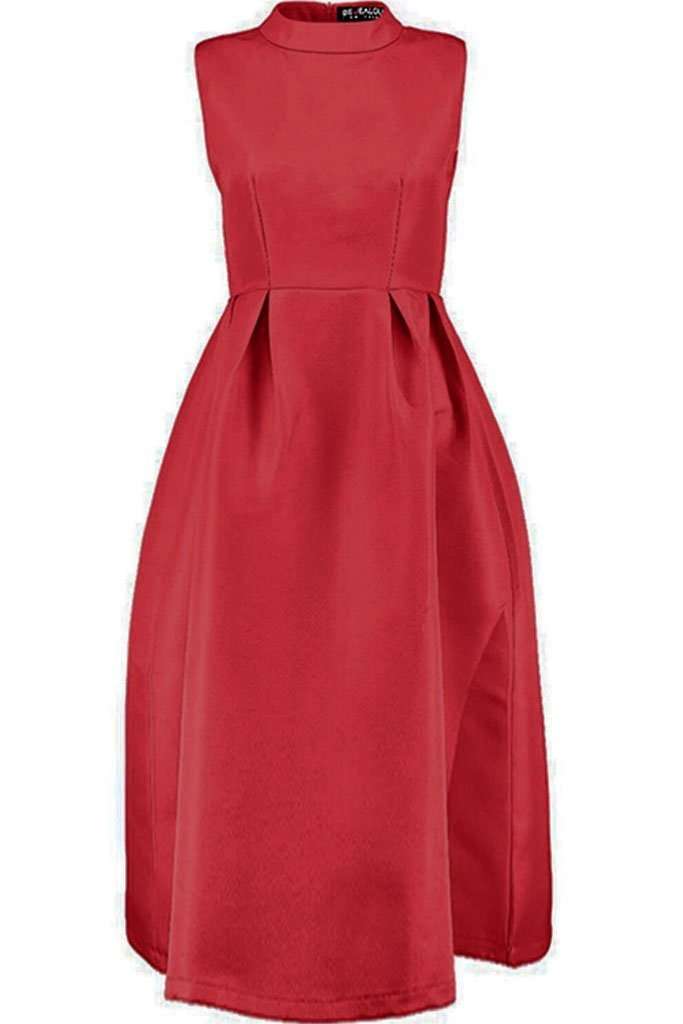 Fraya High Neck Flared Midi Skater Dress - bejealous-com