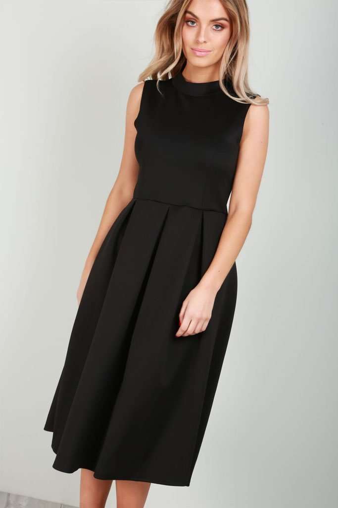 Fraya High Neck Flared Midi Skater Dress - bejealous-com