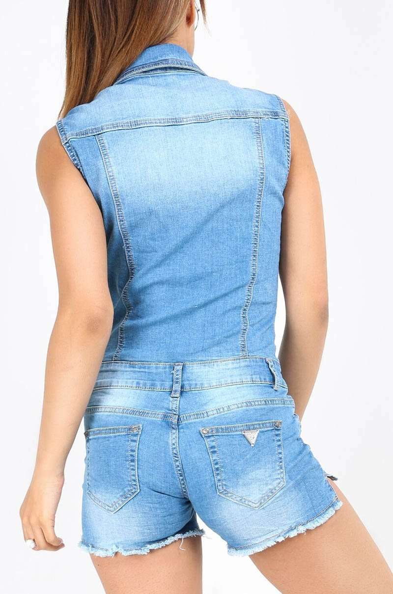 Frayed Hem Button Down Denim Utility Playsuit - bejealous-com