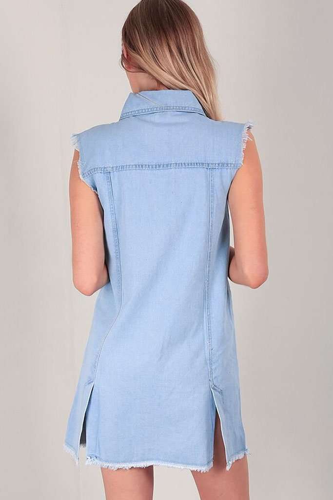 Frayed Hem Denim Mini Shirt Dress - bejealous-com