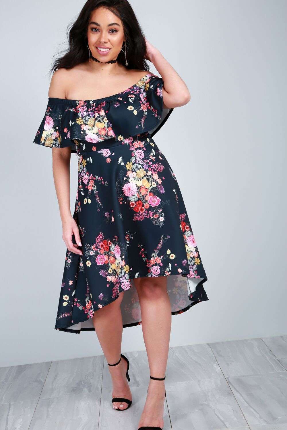 Freya Bardot Floral Dipped Hem Midi Dress - bejealous-com