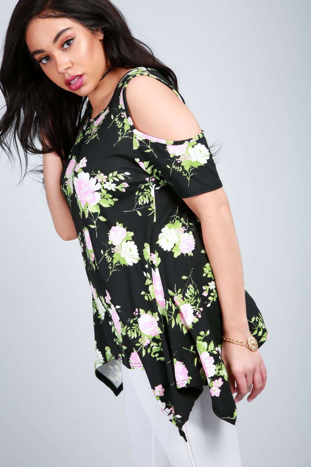 Gabi Cold Shoulder Dipped Hem Floral Top - bejealous-com