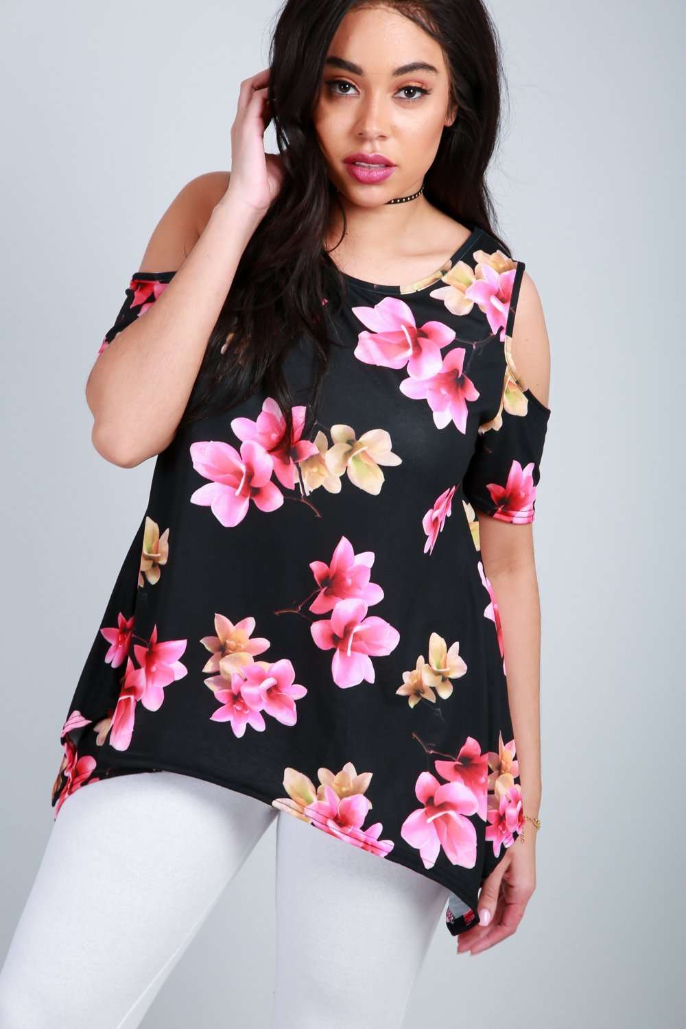 Gabi Cold Shoulder Dipped Hem Floral Top - bejealous-com