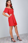 Geena Off Shoulder Button Through Mini Dress - bejealous-com