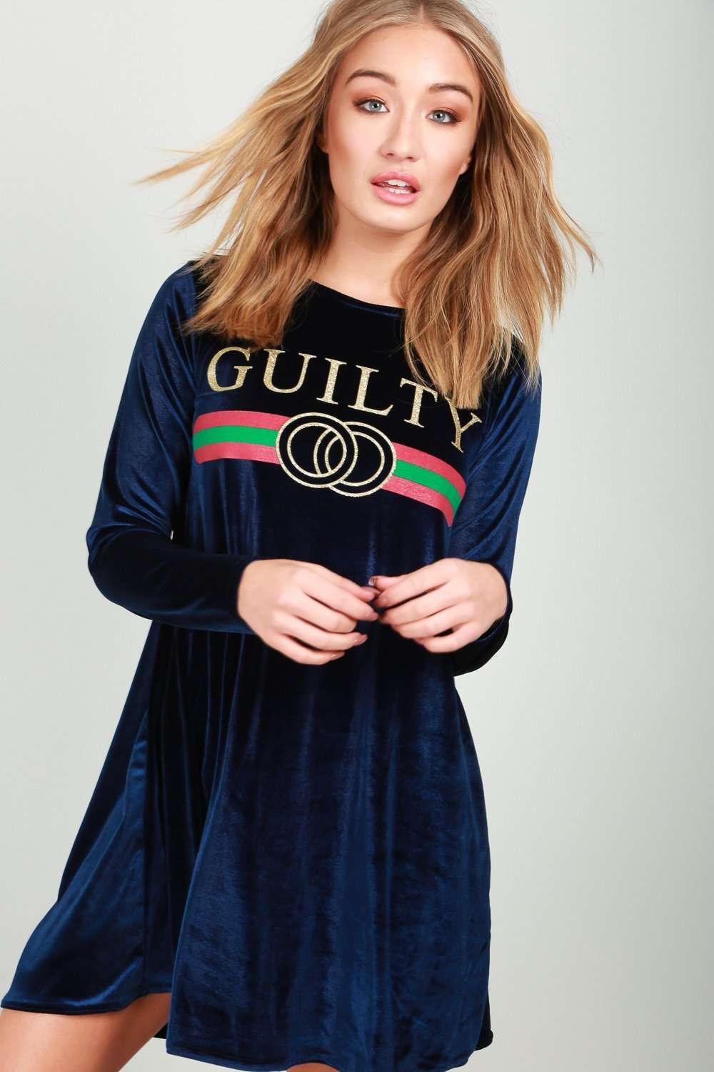 Gemma Long Sleeve Guilty Slogan Swing Dress - bejealous-com