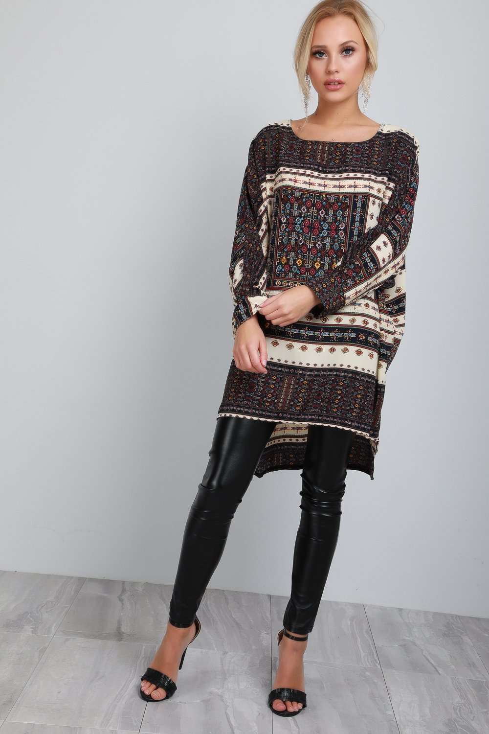 Geo Long Sleeve Paisley Print Dipped Hem Bat Wing Top - bejealous-com