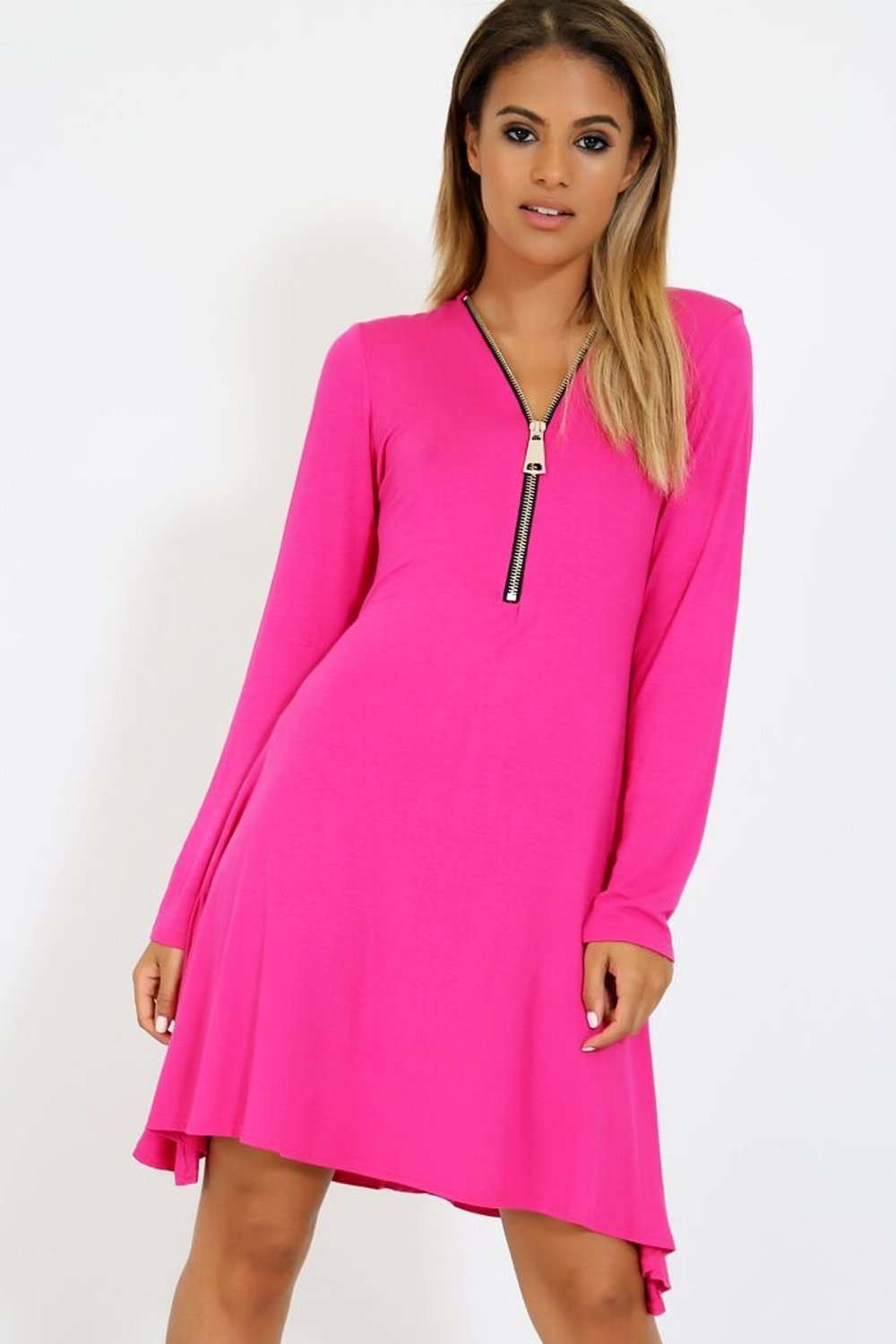 Geo Long Sleeve Zip Plunge Neck Swing Dress - bejealous-com