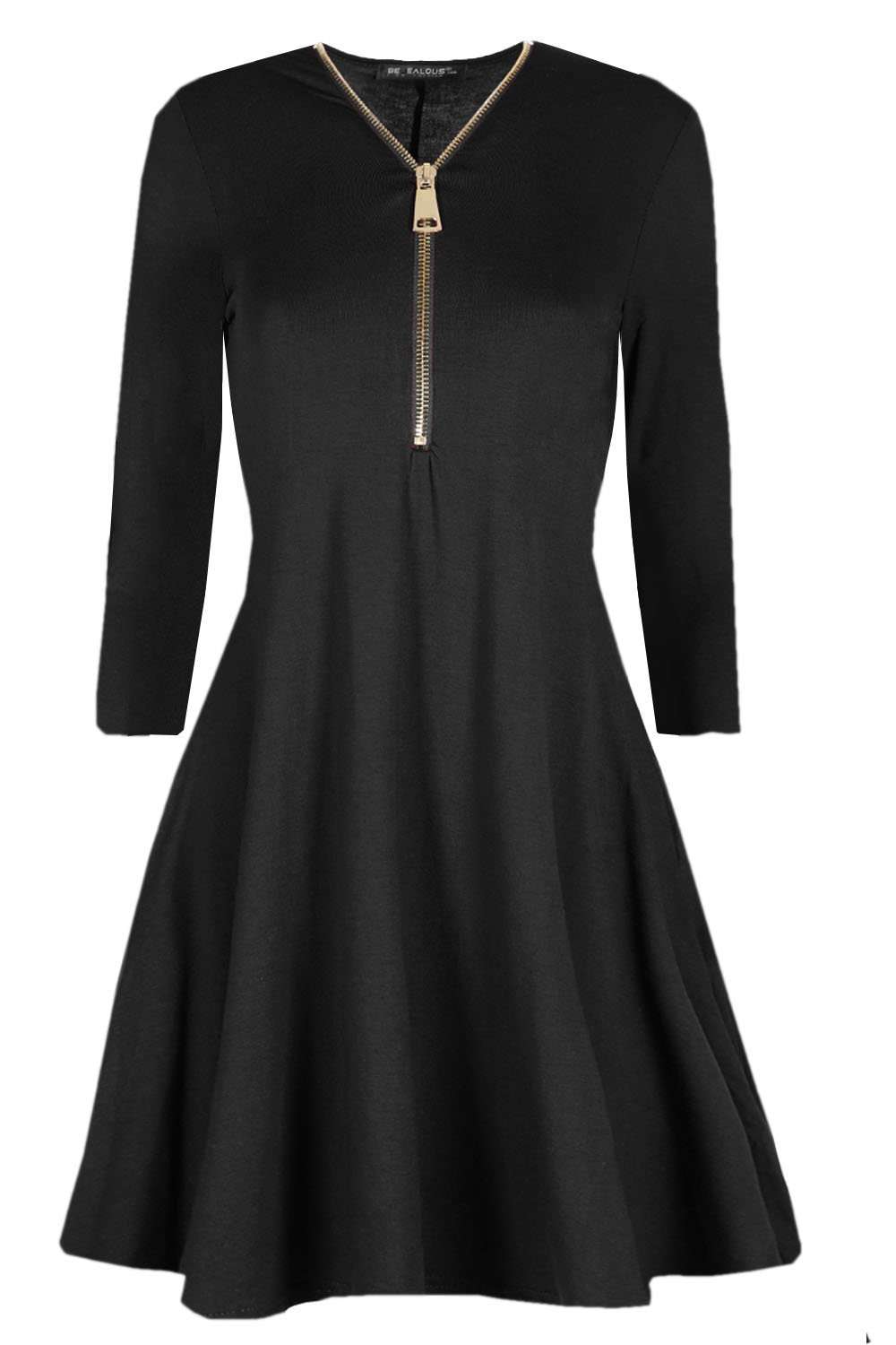 Geo Long Sleeve Zip Plunge Neck Swing Dress - bejealous-com