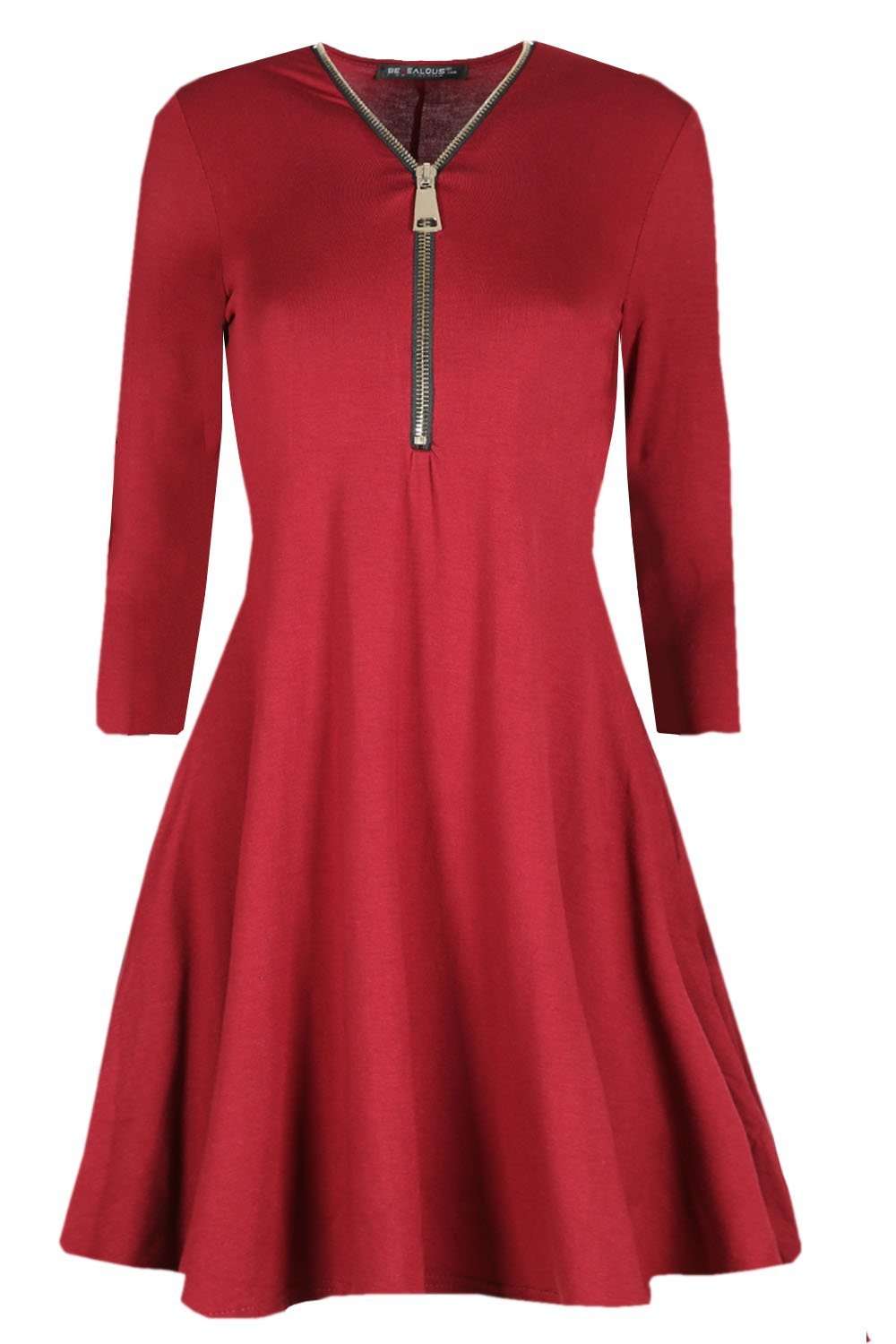 Geo Long Sleeve Zip Plunge Neck Swing Dress - bejealous-com