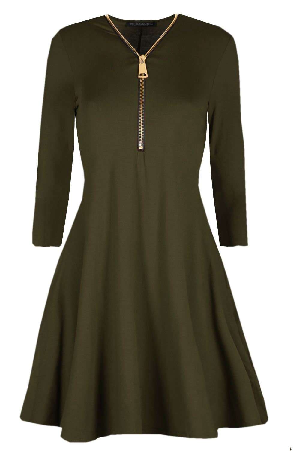 Geo Long Sleeve Zip Plunge Neck Swing Dress - bejealous-com