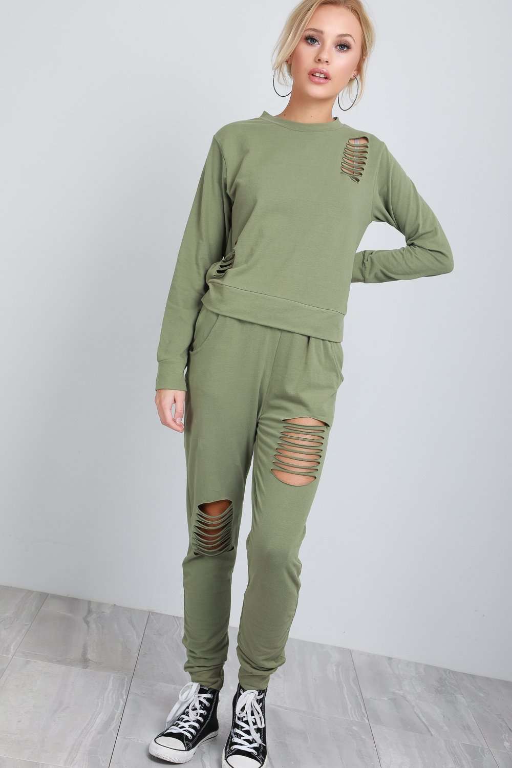 Geri Long Sleeve Distressed Lounge Wear Set - bejealous-com